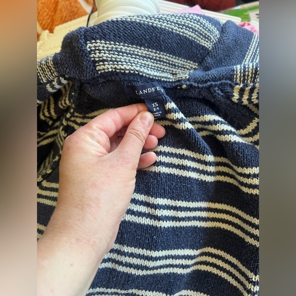 Lands’ End - Striped Navy and Gray Cardigan - Picture 3 of 5